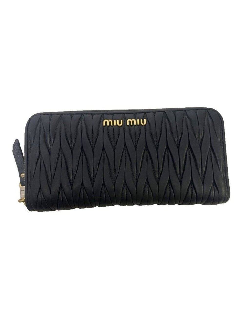 Miu Miu Matelasse Wallet Leather Zip Around Logo Black
